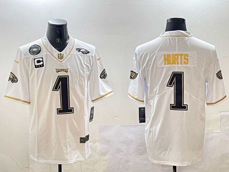 Men Philadelphia Eagles #1 Hurts White gold Throwback 2025 Nike Vapor Limited NFL Jersey style 5